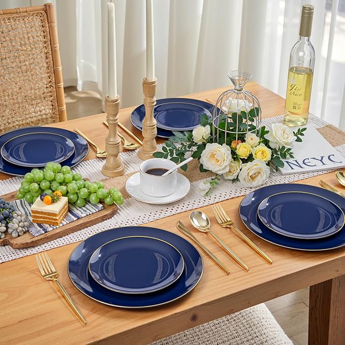 PULOTE 200 Pieces Blue Plastic Plates - Navy Blue and Gold Disposable - Include 100PCS 10 inch Dinner & 100PCS 7 inch Dessert Plate for Party & Labor Day