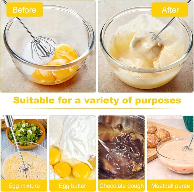 Stainless Steel Egg Whisk, 12 Inch Hand Mixer, Upgraded Semi-automatic Whisk, Ideal For Blending, Whisking, Baking tool, Beating Eggs, Butter & Milk, Suitable For Home Kitchen Use.