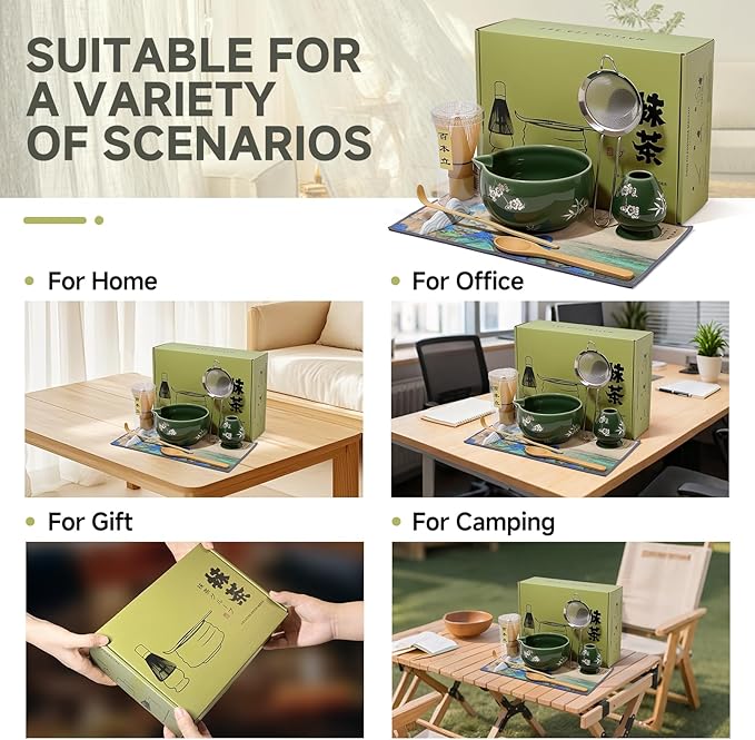 Matcha Whisk Set with Ceramic Bowl - Bamboo Whisk (Chasen), Scoop, Sifter & Holder - Complete Kit for Traditional Matcha Tea - Unique Gifts for Tea Lovers (Celadon Veil)