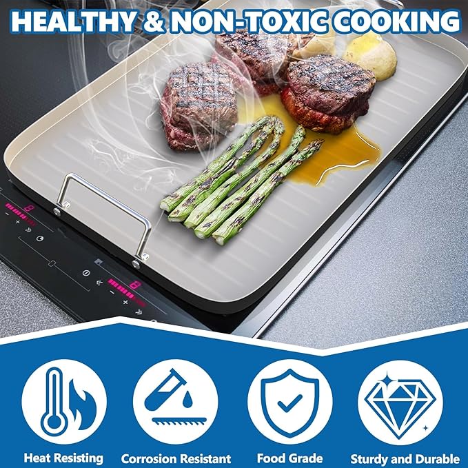 SafBbcue 20" x 13" Ridged Surface Griddle Pan, Double Burner Non-Stick Ceramic Coated, for Outdoor Gas Pellet Grill Stove Top, Oven & Broiler for Weber Charbroil Camp Chef Grill, Black
