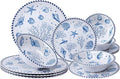 LEHAHA 12-Piece Coastal Melamine Dinnerware Set Service for 4, Unbreakable & Lightweight Round Plates and Bowls Set, Outdoor Dish Set for Patio, Camper, RV, Indoor Outdoor Use with Ocean Printed