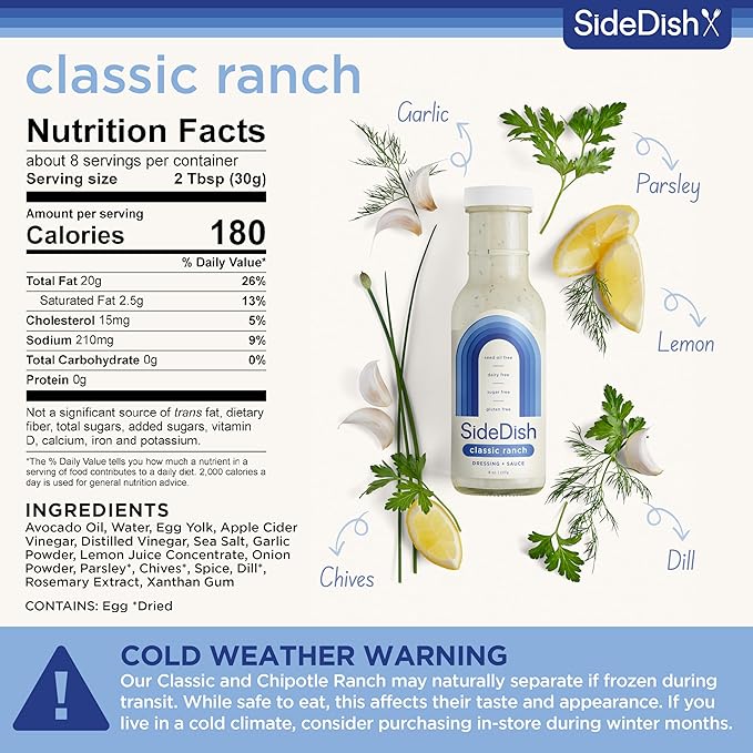 SideDish Classic Ranch Dressing (Pack of 3) - Seed Oil Free, Dairy Free & Gluten Free Salad Dressing w/Avocado Oil - Sugar Free, Low Sodium Healthy Ranch Dressing - Paleo Dressing for Sauces & More