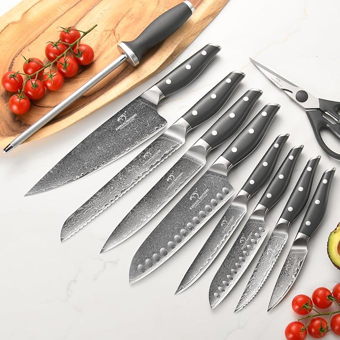 NF NANFANG BROTHERS Damascus Kitchen Knife Set, 16-Piece with Block, ABS Ergonomic Handle, Carving Fork, Disconnect-type Knife Block (Gray)