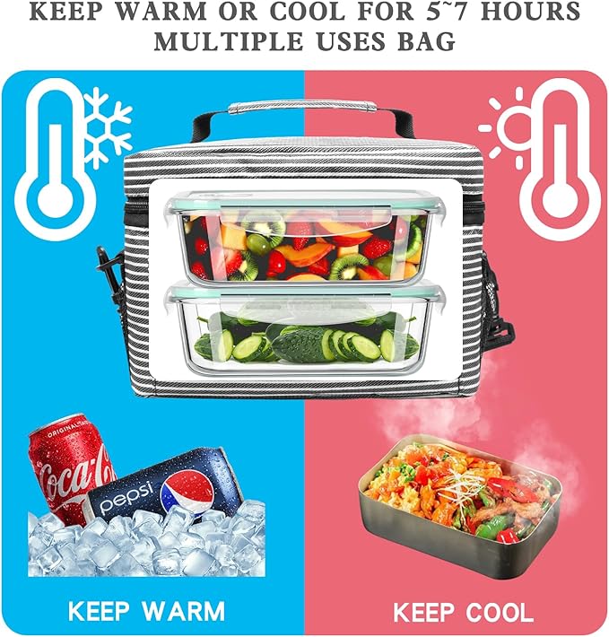 Lunch Bag for Women, Insulated Reusable Lunch Box Leakproof Cooler Tote Bag Freezable with Adjustable Shoulder Strap for Office Work Picnic Beach