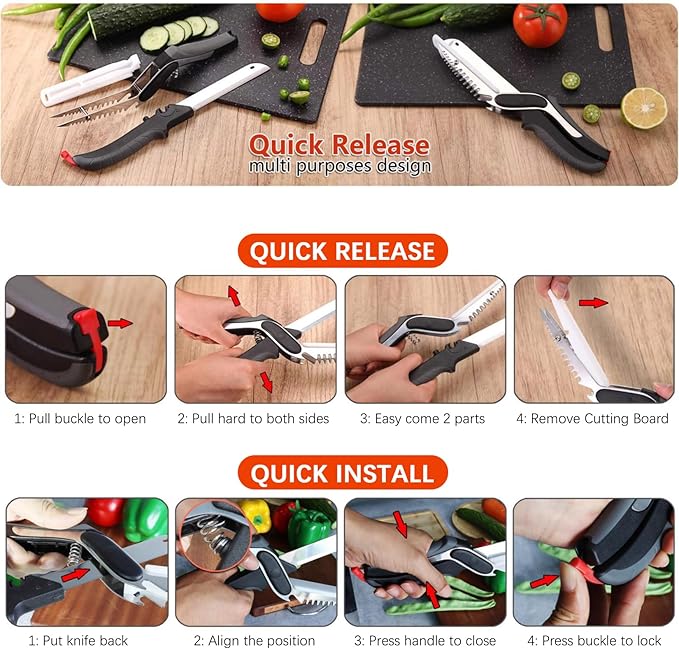 Vegetable Scissors Slicer Cutter,Quick Release/Install Kitchen Shears Cutting Board Knife Combo for Veggie,Carrots,cucumbers,potatoes,Barbecue Dishwasher Safe (Black)