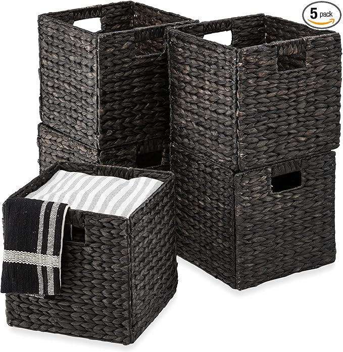 Best Choice Products 13x13in Pack of 5 Cube Storage Baskets, Water Hyacinth Multipurpose Collapsible Organizers, Handwoven Laundry Totes for Laundry, Living Room, Kids Room & Nursery - Black