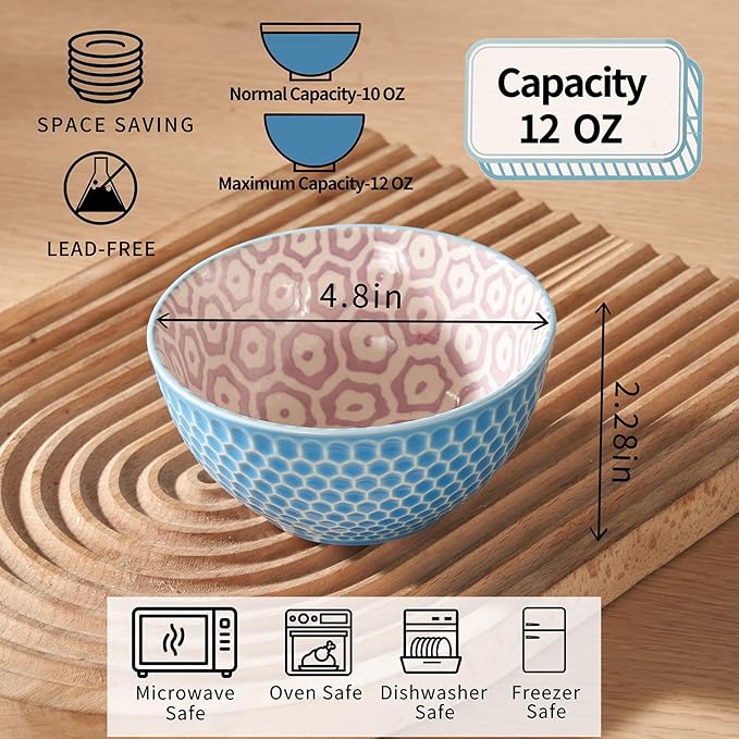 12 Oz Dessert Bowls Set of 6, 4.8 Inch Small Porcelain Ice Cream Bowls Set, Colorful Ceramic Cereal Bowls for Side Dishes, Dip, Snack, Rice, Soup, Portion, Fruits, Microwave and Dishwasher Safe