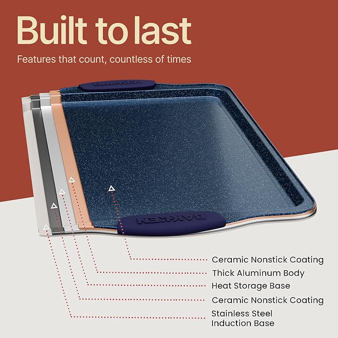 BAKKEN Kitchen Baking Pan Set - Nonstick Coating, Carbon Steel Bakeware Sets with Blue Silicone Handles, Baking Kitchen Essentials, PFOA, PFOS, PTFE Free, Oven Safe Tray (Up To 450° F), Set of 3