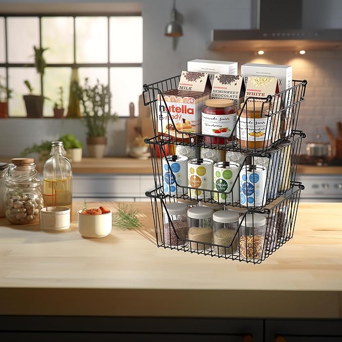SANNO Black Stackable Wire Baskets Stacking Bins Stackable Basket for Vegetable Storage Pantry, Fridge, and Bathroom Organization,3pack