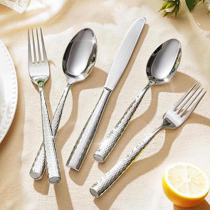 Kingstone Hammered Silverware Set, 20-Piece Flatware Set for 4, 18/10 Stainless Steel Heavy Duty Cutlery Set, Mirror Polished Utensil Sets for Home, Restaurant, wedding, Dishwasher Safe