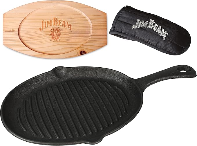Jim Beam JB0159, Heavy Duty Construction, Pre Seasoned Cast Iron Skillet with Wooden Base and Mitt, Black,Small