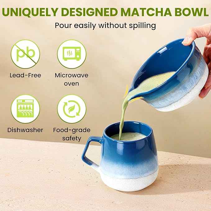 Matcha Whisk Set, Ceramic Matcha Set, Matcha Bowl, Matcha Whisk and Holder, Bamboo Scoop, Scoop Rest, Sifter and Tea Towel - 7 Pcs Matcha Kit for Lovers Family Birthday Gift (Blue)