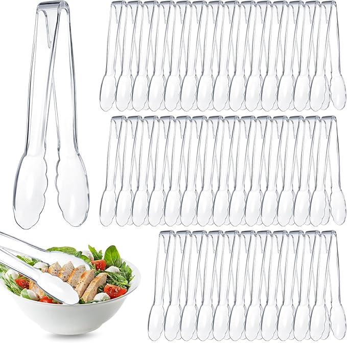 Tessco for you 50 Pcs Plastic Tongs for Serving Bulk, 9 Inch Plastic Disposable Serving Tongs Heavy Duty Salad Utensils for Kitchen Buffets BBQ Events Catering (Transparent)