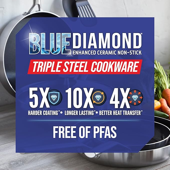 Blue Diamond Tri-Ply Stainless Steel 9.5” & 11" Frying Pan Skillet Set, Healthy Ceramic Nonstick, PFAS-Free, Multi Clad, Induction, Dishwasher & Oven Safe, Versatile Kitchen Essential