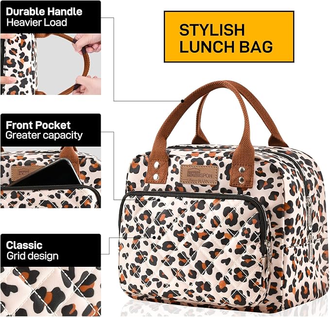HOMESPON Lunch Bag for Woman Man Adults with Front Pocket Insulated Lunch Tote Lunch Box Container for Work Picnic or Travel(Leopard)