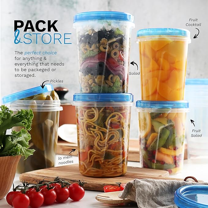 Tafura 6 Pack Leakproof Freezer Containers for Food with Twist Top Lids - 32 Oz BPA Free Reusable Plastic Soup Containers with Screw On Lids - Ideal for Meal Prep, Leftovers & Pantry Organization