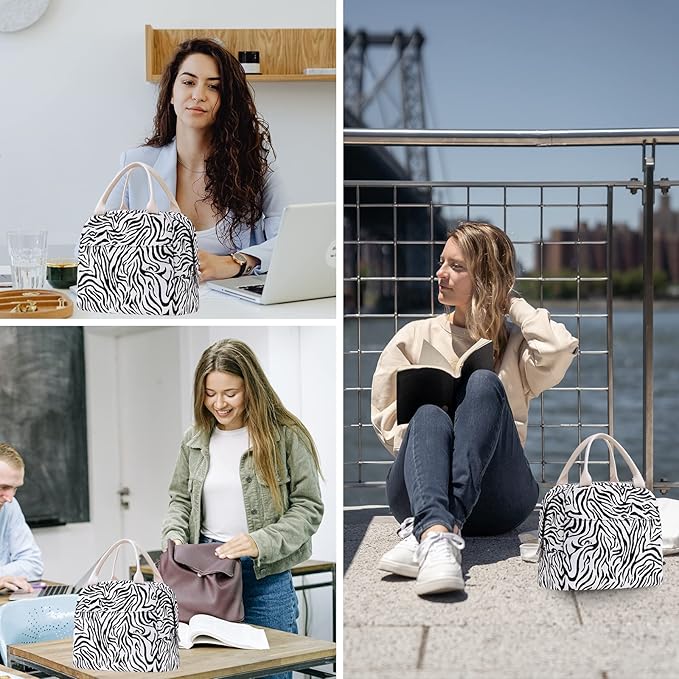 EurCross Sleek Black White Zebra-striped Lunch Tote Bag Trendy for Women, Lightweight, Reusable and Insulated Canvas Stylish Bento Box Bag for Adult Ladies on the go