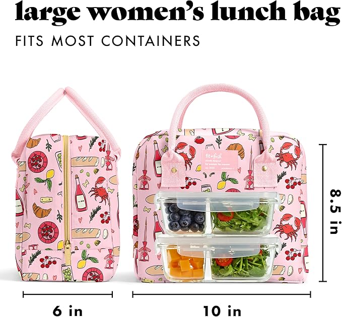 Fit & Fresh Bloomington Lunch Bag for Women - Insulated Large Lunch Box for Work with Containers, Leak-Resistant, Stain-Resistant, Zipper Closure, Pink Pasta Dinner