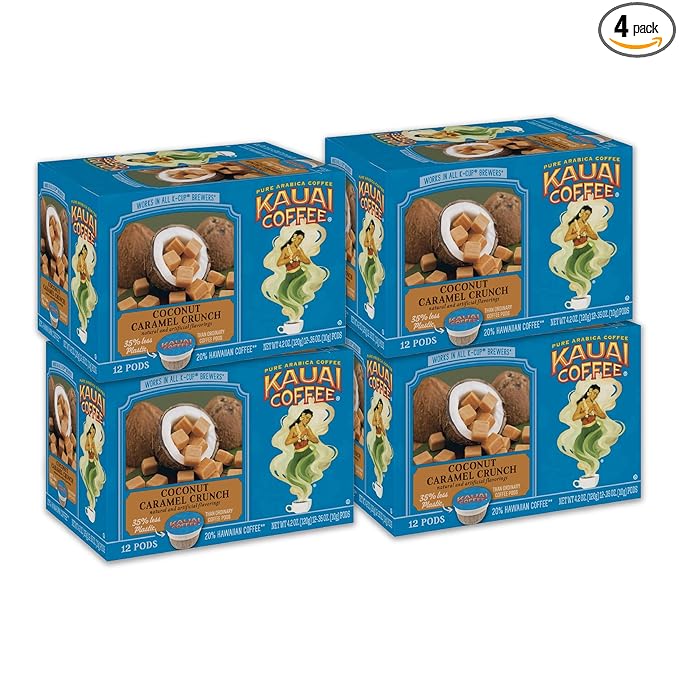 Kauai Coffee Coconut Caramel Crunch Medium Roast - Compatible with Keurig Pods K-Cup Brewers (4 Packs of 12 Single-Serve Cups)