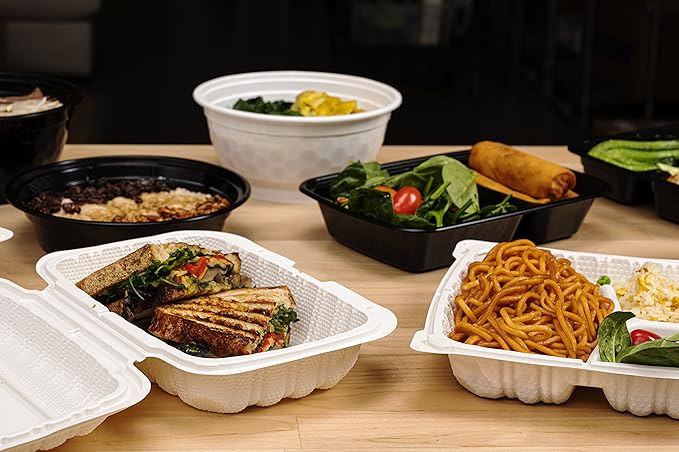 TIYA Clamshell Food Containers - White Bulk 150 Pack, 9x9 in - BPA-Free Plastic To-Go Containers - Microwavable, Hinged, Tall Reusable Clamshells - Great for Meal Prep