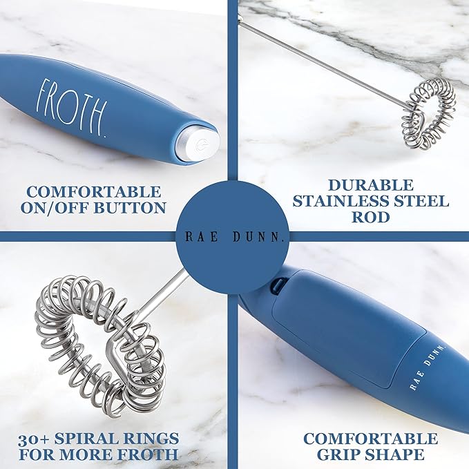 Rae Dunn Milk Frother- Handheld Electric Drink Mixer, Handheld Electric Milk Frother, Coffee Frother, Hand Blender, Frappe Maker, Handheld Latte Maker Milk Foamer (Navy)