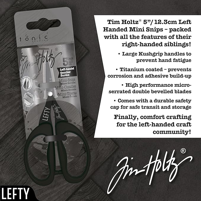 Tim Holtz Left Handed Scissors - 5 Inch Mini Snips with Micro Serrated Blade - Lefty Craft Tool for Cutting Paper, Fabric, and Sewing - Titanium with Black Comfort Grip Handles