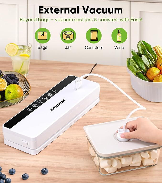 Vacuum Sealer for Food, 6-in-1 Food Vacuum Sealer Machine, 80kpa Suction Power Food Sealer Vacuum Sealer, Compact Vacuum Sealers with 10 Vacuum Bags, External VAC for Jars & Containers, White