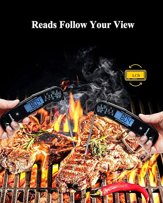 Wisebee Meat Thermometer Digital, 0.5 Sec Instant Read Waterproof Food Thermometer with 180°Auto-Rotate Backlit Display | Anti-Slip Handle | Magnetic Back | Hold Function for Cooking, Black