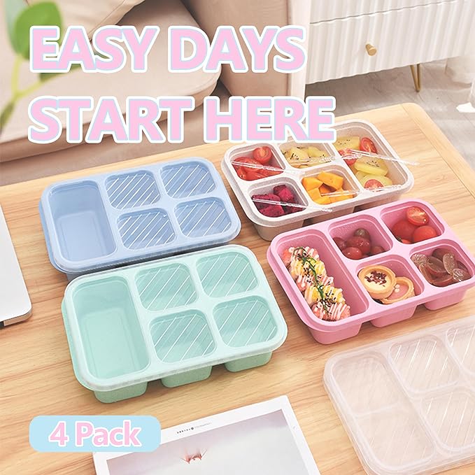 Finorder 4 Pack Wheat Straw Containers, Multicolor 5 Compartment Reusable Snack Bento Box, Rectangle Meal Prep Food Containers for Adults, Office and Travel