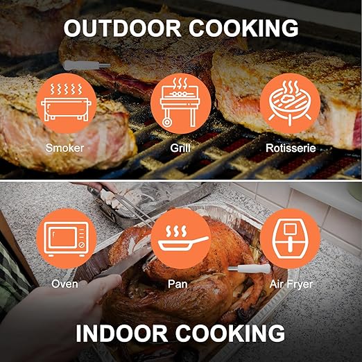 Long Range Wireless Smart Meat Thermometer with Bluetooth Booster, for Oven, Grill, Kitchen, BBQ, Smoker, Rotisserie, Black