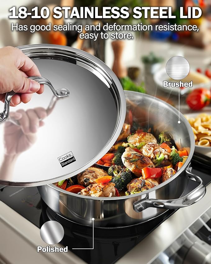 Cooks Standard Classic Stainless Steel Saute Pan 11-inch, 5 Quart Induction Cookware Deep Frying Pan Cooking Skillet with Lid, Stay-Cool Handle