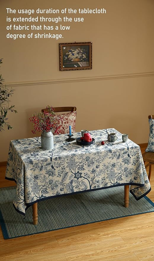 ISAENNE Designer French Linen Long Rectangle Tablecloth,Blue Floral Washable Indoor Table Cloth,Durable Home Decor Tablecloths for Dining Thanksgiving Kitchen Party Christmas,63"*102"-Ruyi B