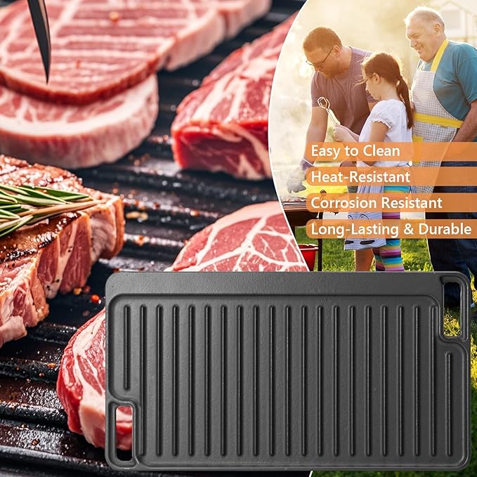 Large Cast Iron Griddle Insert, Universal Skillet, Oblong Grilling Pan for Stovetop,Pre-Seasoned Griddle Gas Stove Grill Plate Oven, 16.75" x 9.5" Reversible Pancake Pan for Weber,Charbroil etc.,1PC