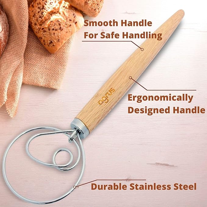 Danish Dough Whisk - Bread Making Tools - Danish Dough Hook - Bread Dough Mixer Hand - Bread Dough Whisk for Pastry - Large Stainless Steel Swedish Whisk with Wooden Handle