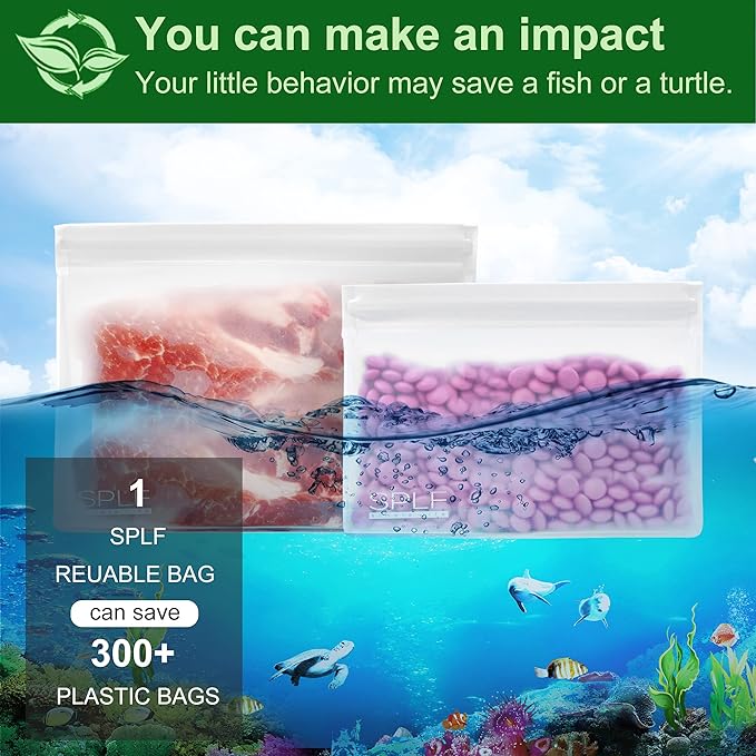 SPLF 6 Pack Dishwasher Safe Reusable Sandwich Bags, Quart freezer bags, Reusable Food Storage Bags, BPA FREE Stand Up Extra Thick Leakproof Silicone Free Zipper Snack Lunch Freezer Bags