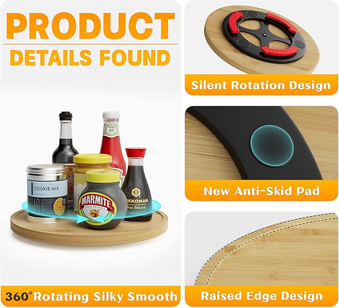 Lazy Susan Organizer Homerays 10 Inch Non-Skid Bamboo Lazy Susan for Kitchen Rotating Spice Rack for Kitchen Cabinet, Wood Turntable for Kitchen Countertop Organizer