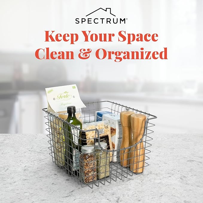 Spectrum Wire Basket for Organizing (Medium, Industrial Gray) - Sturdy Scoop Pantry Basket Storage - Wire Storage Basket Organizer for Kitchen, Shelf, Closet, Bathroom, Garage & More