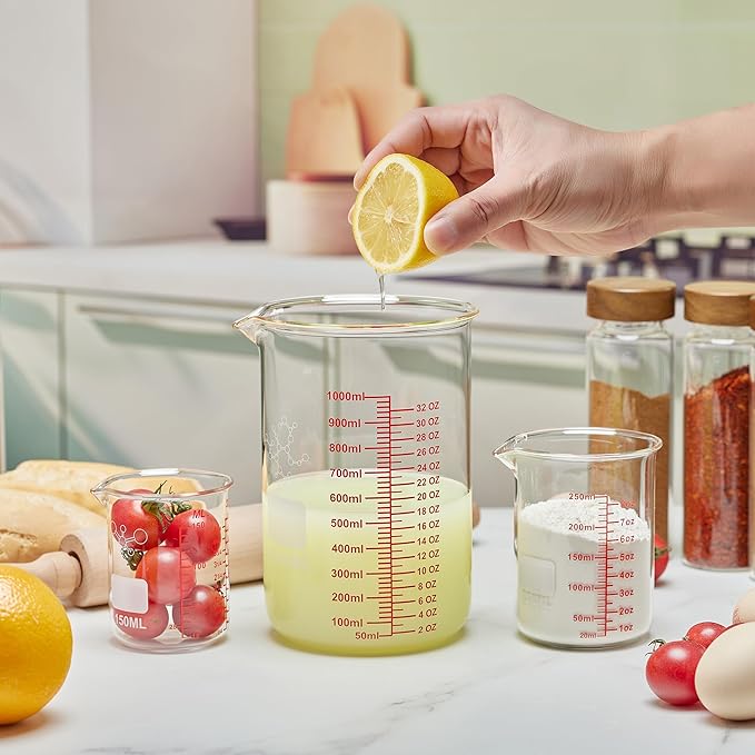 High Borosilicate Glass Measuring Cup Set-V-Shaped Spout,Includes 60ml(2OZ), 120ml(4OZ), 250ml(8OZ), 500ml(16OZ), and 1000ml (32OZ) for Kitchen or Restaurant, Easy to Read