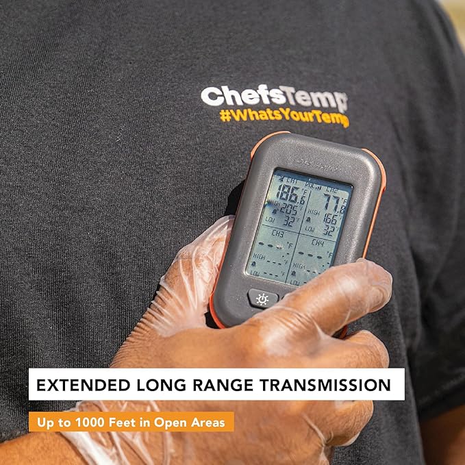 ChefsTemp Quad XPro Wireless Meat Thermometer, 1000FT Long-Range BBQ Alarm, Professional Min/Max Temp Dashboard Display, 4 Probes for Grilling and Smoking Kitchen Food Cooking