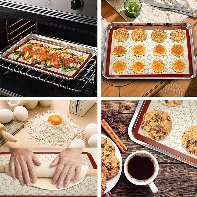 Wildone Baking Sheet with Silicone Mat Set, Set of 4 (2 Sheets + 2 Mats), Wildone Stainless Steel Cookie Sheet Baking Pan with Silicone Mat, Size 10 x 8 x 1 inch, Non Toxic & Heavy Duty & Easy Clean