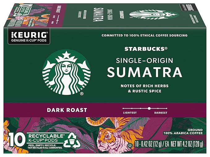 Starbucks Coffee Company Starbucks Single-Origin Coffee K-Cup Pods, Sumatra, Dark Roast Ground Coffee K-Cups for Keurig Brewing System, 100percent Arabica Coffee, 10 CT K-Cups/Box (Pack of 2 Boxes)