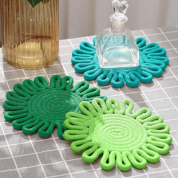 Aesthetic & Colorful Boho Trivets for Hot Dishes, Trivets for Hot Pots and Pans, Potholders for Kitchen, Heat Resistant Hot Pads for Countertops,Table Decorations,Set of 3, 100% Cotton,7.5"(Green)
