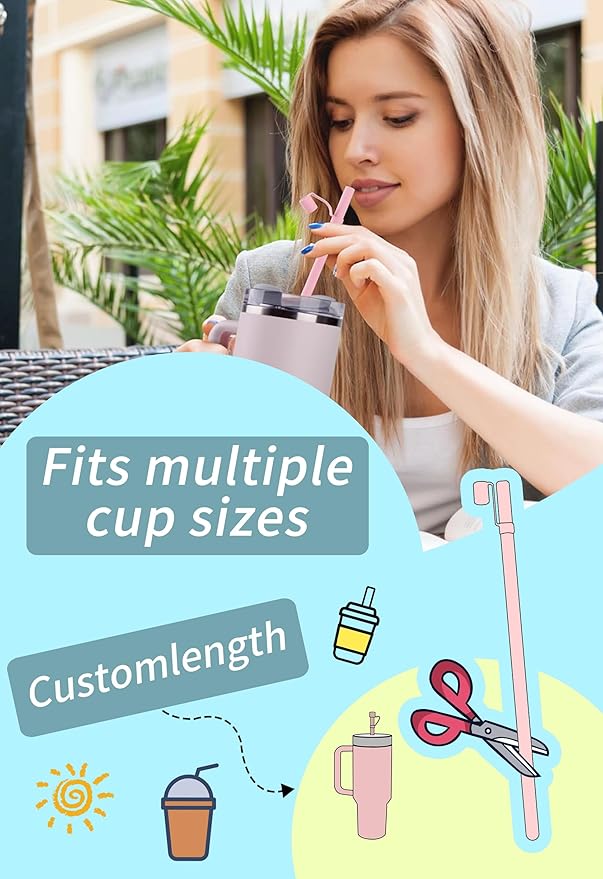 Reusable Replacement 12 inch Long Silicone Straw With Cover, Stocking Stuffers Gifts for Women Men Teens Girls Boys, Compatible with Stanley Tumbler Cup Accessorie 40 oz 30 oz (6 Pack)