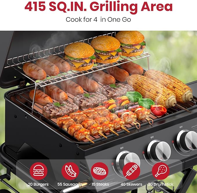 3-Burner Portable Gas Grill with 30,000 BTU, 320 SQ.IN Detachable Propane Grills, Non-Stick Porcelain Grate, Built-in Thermometer, Quick-Fold Design for Camping, Tailgating & Outdoor BBQ