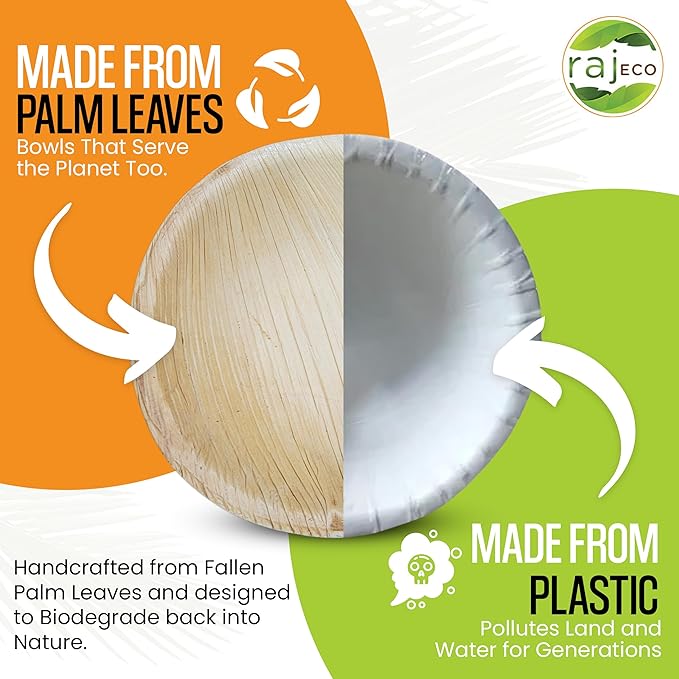 Raj Palm Leaf Bulk Bowls [100-Pack] 4" Round Bowls (8 CASES - 800 PACK) like Bamboo bowls Disposable, Strong, Decorative Compostable Tableware for weddings, Camping, Outdoor
