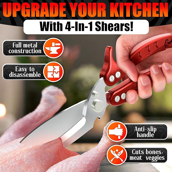 4-in-1 Kitchen Shears Heavy Duty – Sharp Seafood, Turkey Shears & Chicken Scissors with Non-Slip Metal Handle & Micro-Serrated Blades for Meat – Spring-Loaded Bone Cutting Scissors with Safety Lock