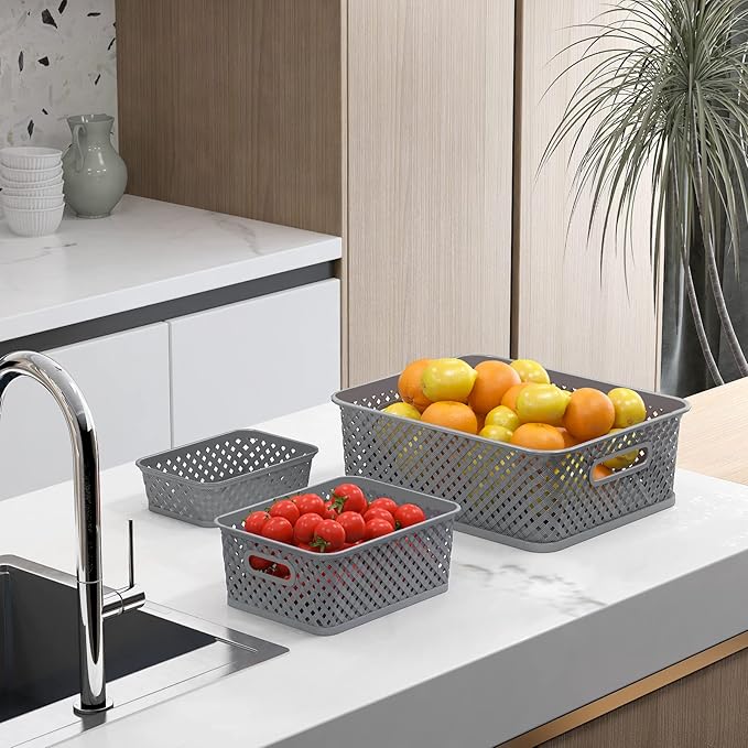 MaxGear Organization and Storage 3 Packs, Plastic Bins Organizer Bins, Woven Baskets for Storage, Plastic Baskets with Handles, Grey Basket for Organizing, Basket Organizer for Home and Office, Medium