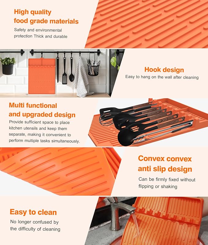 Silicone Griddle Tools Mat for Blackstone - Large Silicone Spatula Mat with Drip Pad - Griddle Mats BBQ Grill Accessories - Side Shelf Mats Grill Pad for Blackstone Griddles Accessories (Orange)