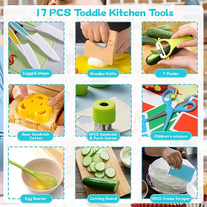 16PCS Montessori Kitchen Tools Cookware Baking Toy, Toddler Baking Set for Real Cooking Includes 3 Serrated Edges Plastic Toddler Knives, Cutting Board, Y Peeler, Egg Beater, Toddler Food Picks