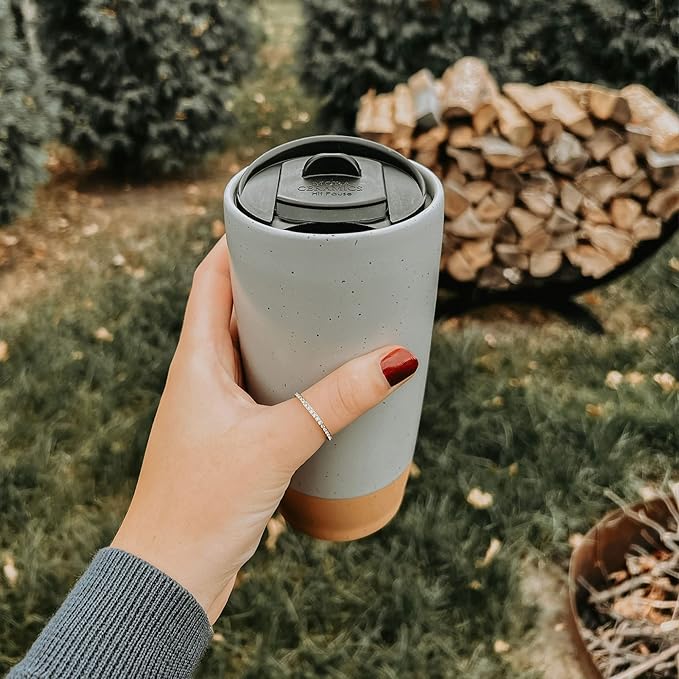 Mora Double Wall Ceramic Coffee Travel Mug with Lid, 14 oz, Portable, Microwave, Dishwasher Safe, Insulated Reusable Tall Cup, Splash Resistant Lid - To Go Tumbler for Car Cup Holder, Overcast Grey